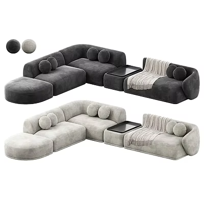 Contemporary Modular Sofa in Dark and Light Gray with Round Cushions and Side Tables 3d model