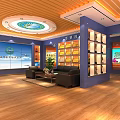 Cultural Exhibition Hall Interior With Display Boards Shelves Green Plants And Seats