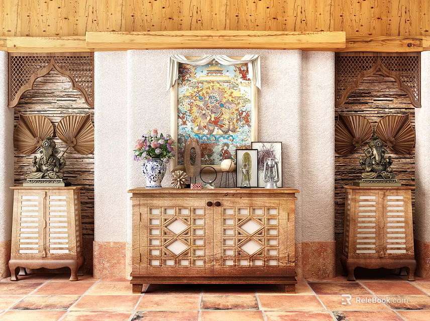 Wooden Entryway Cabinet With Side Cabinets Geometric Pattern And Decorative Items On Tile Floor 3d model 