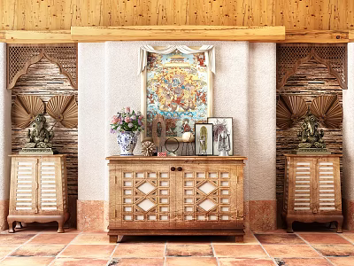 Wooden Entryway Cabinet With Side Cabinets Geometric Pattern And Decorative Items On Tile Floor 3d model