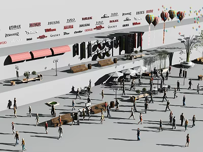 Vibrant Outdoor Plaza Event With Brand Logos Crowd And Colorful Balloons 3d model