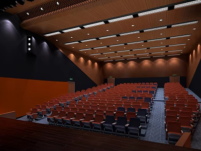Modern Conference Room Interior With Red Black Seats Wooden Ceiling And Lighting 3d model