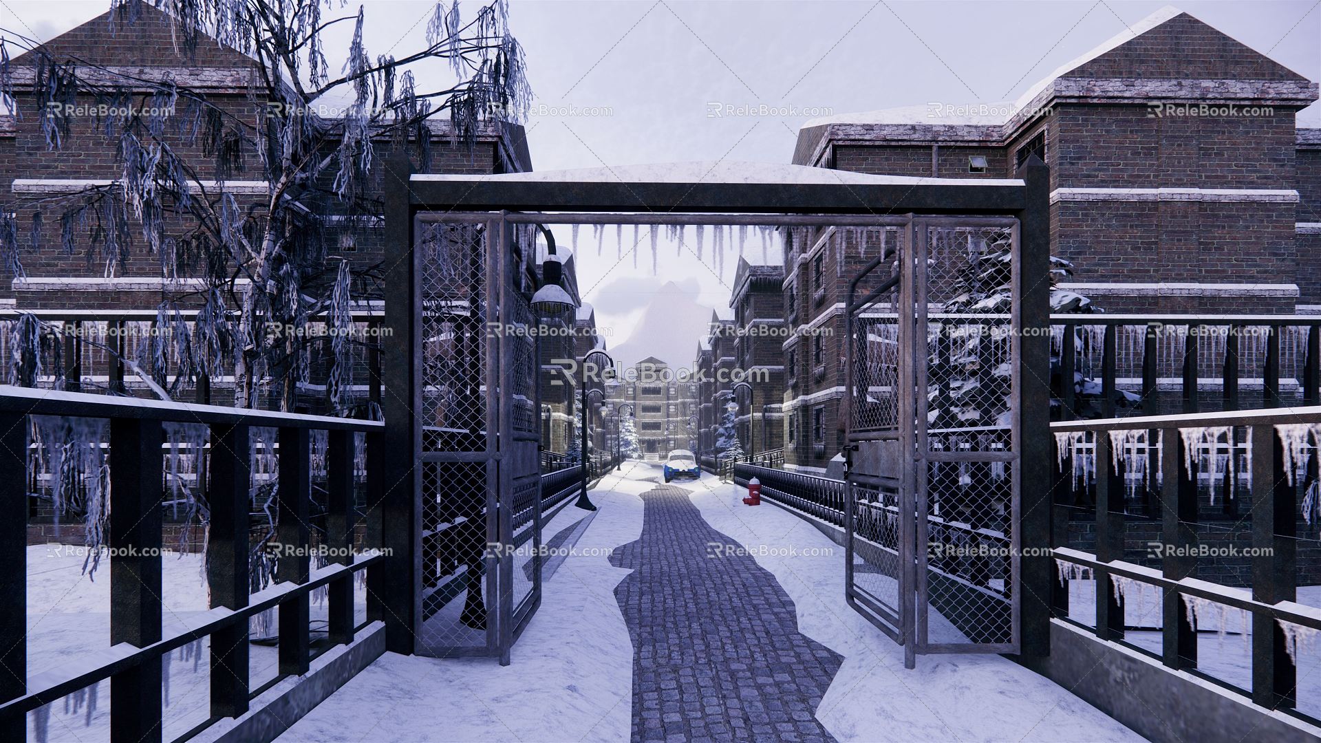 European-style snow view European street view full details 3d model