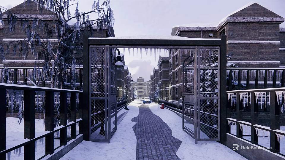 Scenic Snowy Lane With Iron Gate Brick Houses Footprints And Icicles On Branches 3d model 