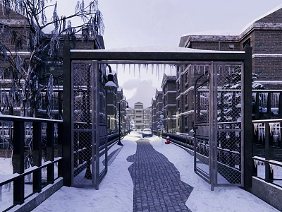 Scenic Snowy Lane With Iron Gate Brick Houses Footprints And Icicles On Branches 3d model