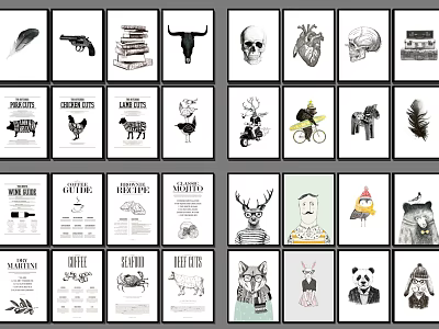 Creative Diverse Style Wall Art with Animal Object and Typography Designs for Interior Decor 3d model