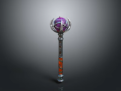 Ornate Magical Staff Featuring Purple Orb Silver Accents And Colorful Patterns 3d model