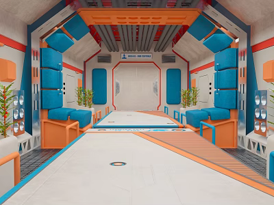 Futuristic Interior Scene With Blue Orange Elements Walkway And Seating Areas 3d model