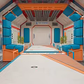 Futuristic Interior Scene With Blue Orange Elements Walkway And Seating Areas 3d model