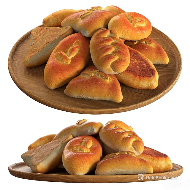 Freshly Baked Assorted Bread On Wooden Platter With Various Shapes 3d model