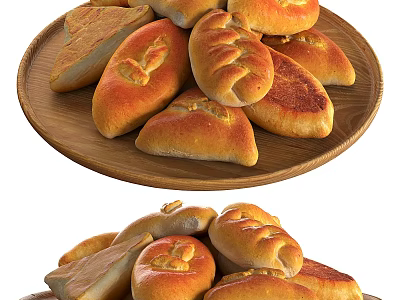 Freshly Baked Assorted Bread On Wooden Platter With Various Shapes 3d model