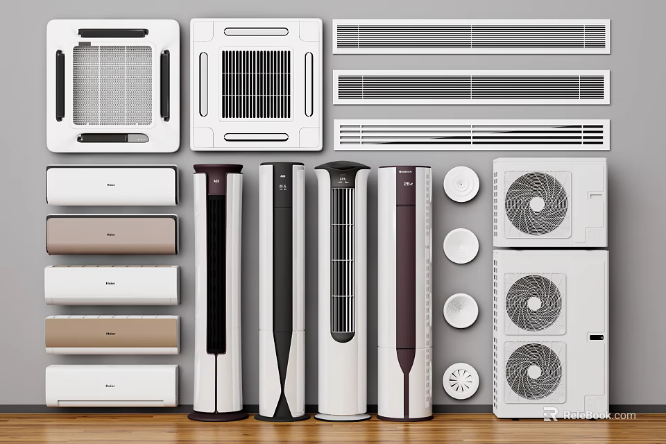 Modern Standing And Wall Mounted Air Conditioners And Fans With Various Designs 3d model 