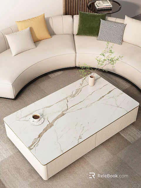 Modern White Curved Sofa and Marble Coffee Table Set with Coffee Cup and Plant Decoration 3d model 