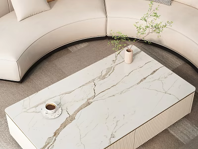 Modern White Curved Sofa and Marble Coffee Table Set with Coffee Cup and Plant Decoration 3d model