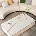 Modern White Curved Sofa and Marble Coffee Table Set with Coffee Cup and Plant Decoration
