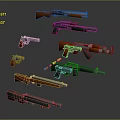 Toy Weapons Collection Featuring Various Plastic Guns With Orange Green And Gray Designs