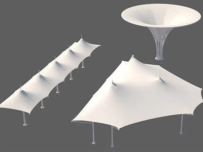 Different Types of Tensile Membrane Architectural Structures with Elongated Conical and Umbrella like Designs 3d model