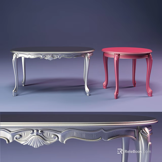 Two Elegant Coffee Tables With Silver And Red Finishes And Carved Decorative Legs 3d model 