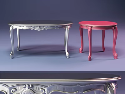 Two Elegant Coffee Tables With Silver And Red Finishes And Carved Decorative Legs 3d model
