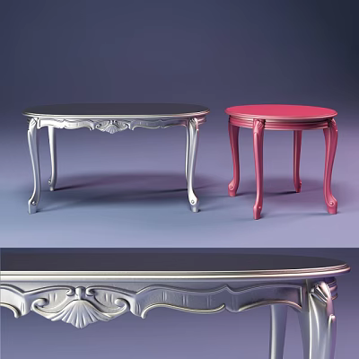 Two Elegant Coffee Tables With Silver And Red Finishes And Carved Decorative Legs 3d model