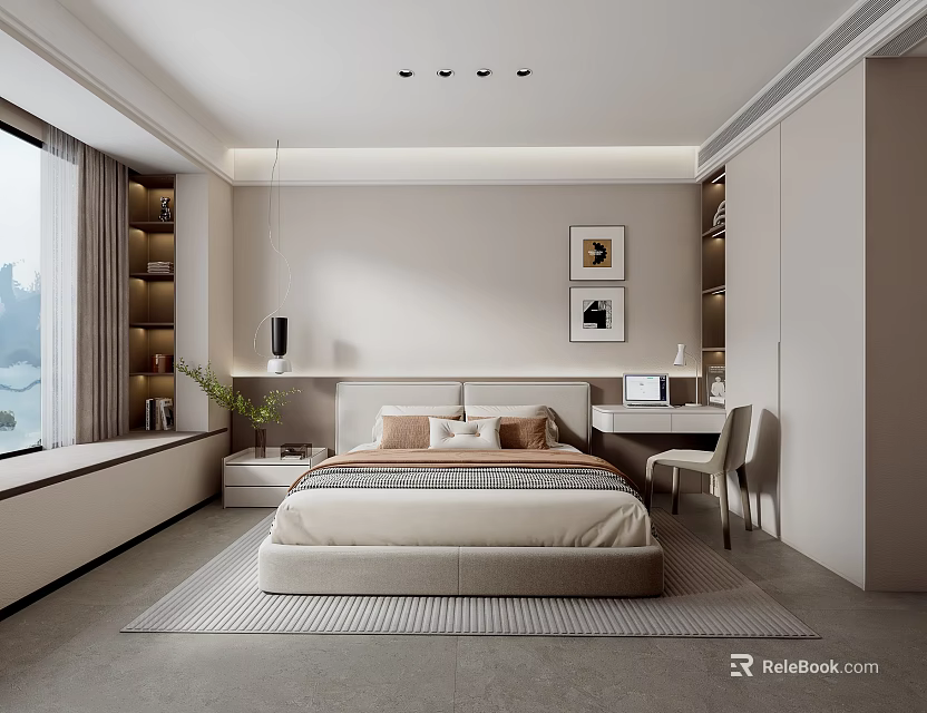 Elegant Modern Bedroom Interior With Comfortable Bed Desk Chair And Large Window Art 3d model
