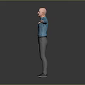 Man In Blue Striped Shirt Standing With Arms Outstretched Against Gray Background
