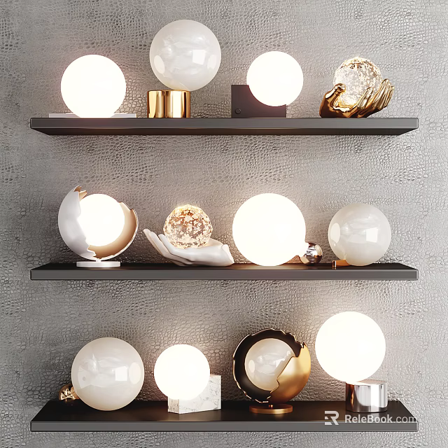 Decorative Table Lamps on Black Shelves with White Spherical Shades and Gold Accents 3d model 