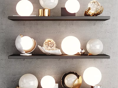 Decorative Table Lamps on Black Shelves with White Spherical Shades and Gold Accents 3d model