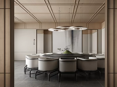 Modern Minimalist Private Dining Room Interior With Round Table Chairs And Ceiling Lights 3d model