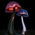Mushroom Shaped Outdoor Lights Pink Blue Glowing Tops With Curved Stems And Garden Grass