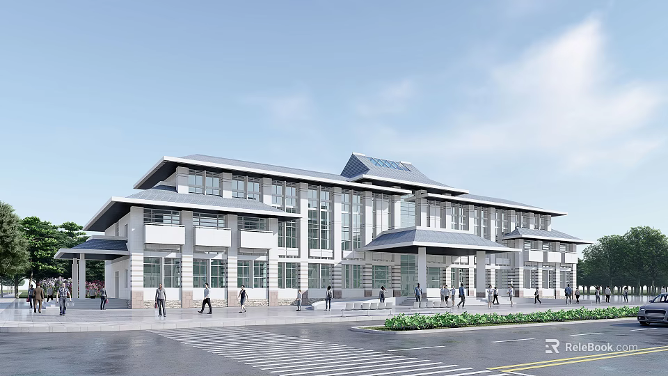 Modern Office Building Exterior Design With Sloped Roof Large Glass Windows And Pedestrians On Street 3d model 