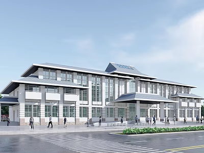 Modern Office Building Exterior Design With Sloped Roof Large Glass Windows And Pedestrians On Street 3d model