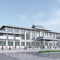 Modern Office Building Exterior Design With Sloped Roof Large Glass Windows And Pedestrians On Street