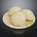 Three Golden Steamed Buns On Bamboo Plate With Leaf Pattern 3d model