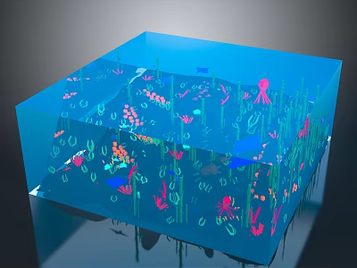 Blue Transparent Cube Aquarium With Colorful Marine Life Seaweed And Octopus 3d model