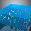 Blue Transparent Cube Aquarium With Colorful Marine Life Seaweed And Octopus