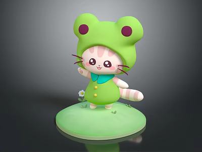 Cute Pink Kitten With Green Frog Hat Striped Tail Blue Bow Tie And Yellow Buttons 3d model