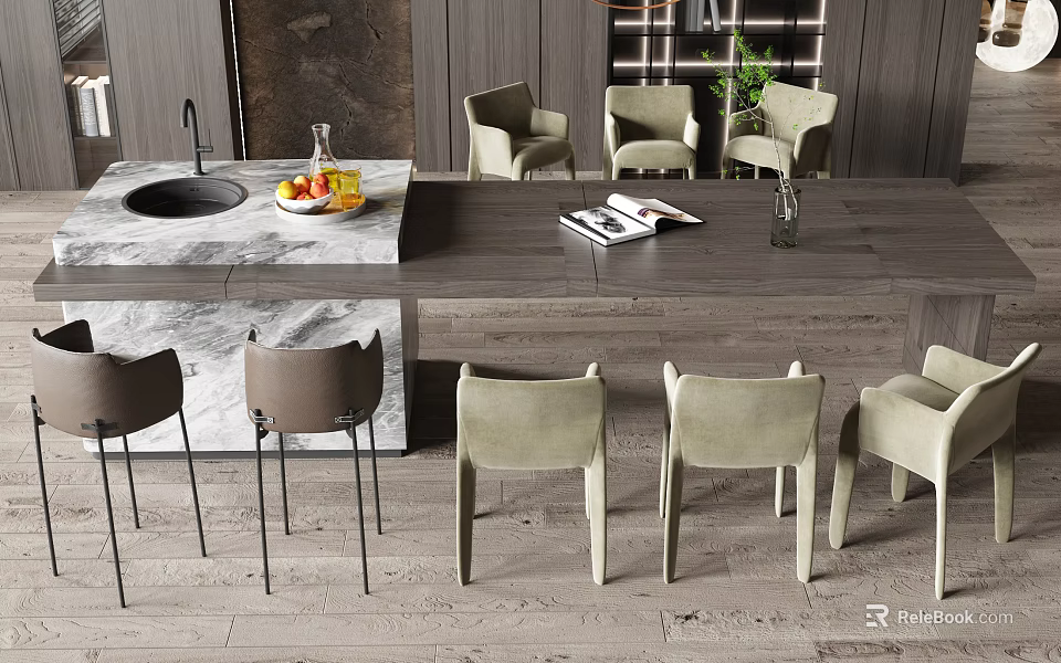 Modern Dining Table Set With Chairs Marble Countertop And Fruit Bowl 3d model