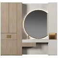 Modern Minimalist Bathroom Cabinet Rack With Wooden Finish Round Gold Frame Mirror And Open Shelves