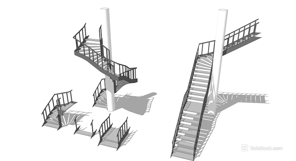 Modern Spiral and Straight Staircase Design with Metal Railings and White Pillars 3d model 