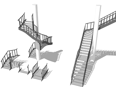 Modern Spiral and Straight Staircase Design with Metal Railings and White Pillars 3d model