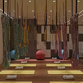 Yoga Fitness Studio With Colorful Hammocks Balls And Mats On Wooden Flooring