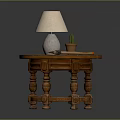 Small Wooden Table With Table Lamp Potted Plant And Hammer On Top