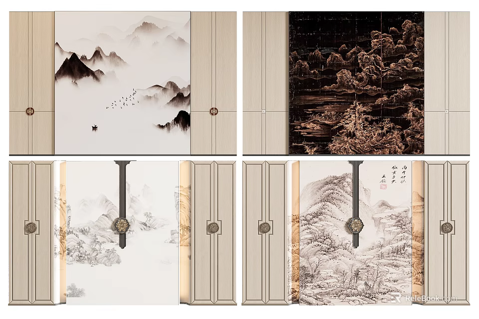 Traditional Chinese Background Wall Design With Ink Landscape Paintings And Calligraphy Art 3d model 