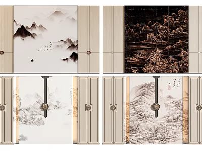 Traditional Chinese Background Wall Design With Ink Landscape Paintings And Calligraphy Art 3d model