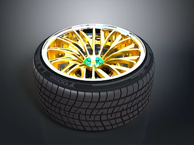 High Quality Car Tire With Stylish Gold Alloy Wheel Green Center Caps And Tread Pattern 3d model