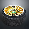 High Quality Car Tire With Stylish Gold Alloy Wheel Green Center Caps And Tread Pattern