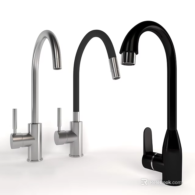Modern Kitchen Faucets In Silver And Black With Curved Design And Sleek Finish 3d model 