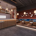 Modern Moku Restaurant Interior With Bar Counter Hanging Lamps And Decorative Paintings