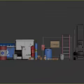 Industrial Storage Equipment With Forklift Barrels Shelf Boxes Wooden Pallets And Coil
